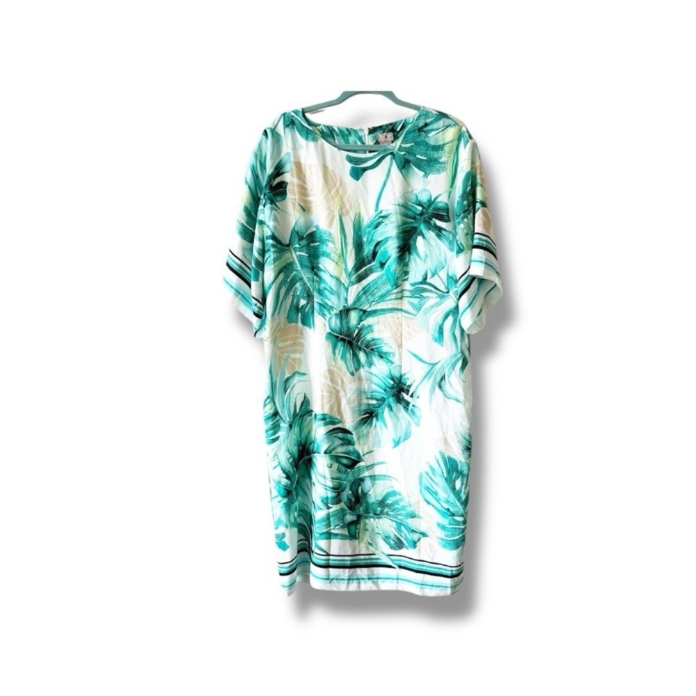 Chicos Black Label Tropical Print Dress Size 12 White Green Botanical NWT Cruise